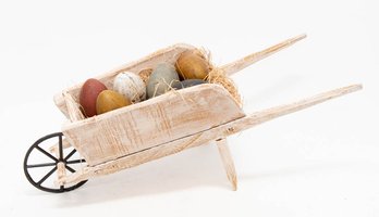 Large Wooden Hand Made Wheelbarrow With Eggs