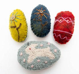 Handmade Hooked Rug Bunny Egg And Fabric Eggs