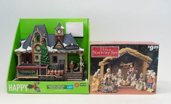 Lighted Musical Train Station And Nativity Set Holiday Decor