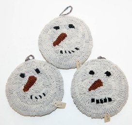 Americana Handmade Hooked Rug Snowman Face Ornaments