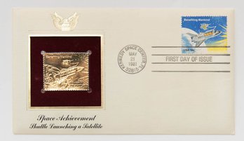 1981 First Day Issue Of 22kt Gold Fantasy Stamp Space Achievement Shuttle Launching A Satellite