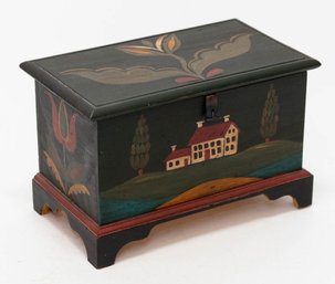 Handmade And Painted Schoolhouse Scene Wooden Hinged Folk Art Box