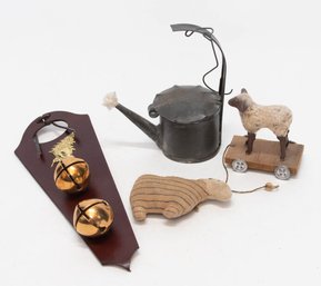 Handmade Folk Art Sheep Ornament, Sheep Pull Toy, Leather Door Bells And Watering Can Ornament