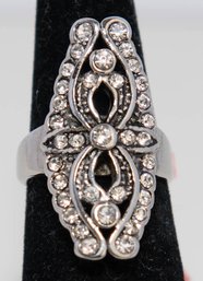 Rhinestone Silver Tone Long Statement Ring Size 7 1/2