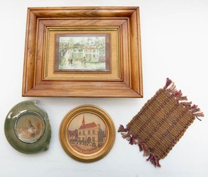 Home Decor Lot Including Framed German Beer Coaster, Rug Swatch And Framed City Scene