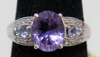 Amethyst Colored Oval Cut  Glass And Tanzanite Sterling Silver Ring Size 8