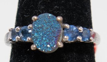 Blue Purple Druzy Ring With Blue Topaz Stones Size 7