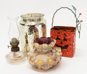 Home Decor Includes Metal Jack-O-Lantern Basket, Shell Vase And Miniature Oil Lamp