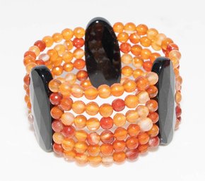 Carnelian Amber And Black Agate Stretch Bracelet