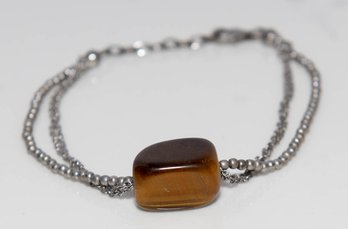 Tigers Eye Pendant On Two Strand Metal Bracelet