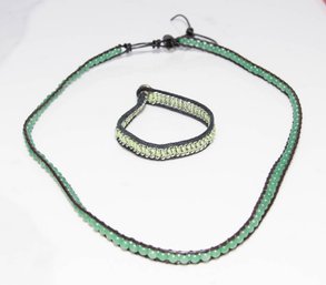 Jadeite Bead Green Necklace With Leather Strap And Woven Cord/metal Bracelet