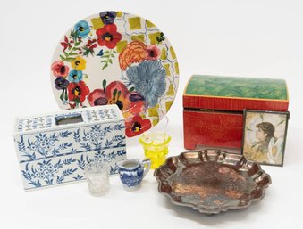 Home Decor Includes Delft Pottery Vase, Lacquered Jewelry Box And Hand Painted Floral Plate