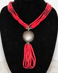 Synthetic Black And Red Coral Tribal Bead Necklace With Wooden Medallion