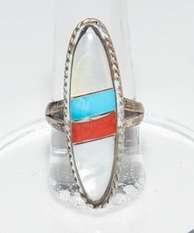 Signed Salvador Sterling Silver Coral, Turquoise And Moonstone Ring Size 7.5