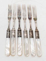 Antique Silver Plate Mother Of Pearl Handled Cocktail Forks Pat. 1900 (5)