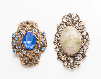 Made In West Germany Gilt Metal Brooch With Blue Sapphire Colored Glass Stones And Metal Marble Brooch