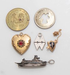 Battleship Charm, Heart Pendant, Coins And Club Tie Pins