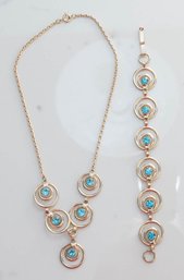 Vintage Multi-Circle Gold Metal Necklace And Bracelet Sky Blue Stones