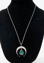 14' Navajo Silver And Turquoise Pendant Necklace