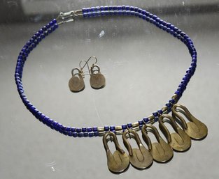 Cobalt And Gold Beaded Necklace And Earrings