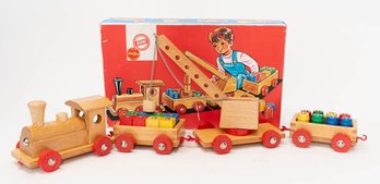 1960s Heros Wood Train With Magnet Crane And Original Box