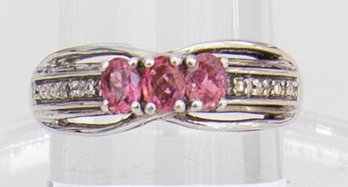 Pink Tourmaline And Sterling Diamond  Size 7 Ring