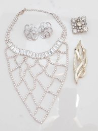 Silver Tone And Rhinestone Collar Necklace With Earrings And Brooches