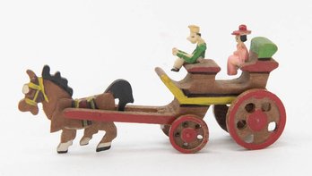Vintage Hand Carved Wooden Horse Drawn Carriage Folk Art Miniature