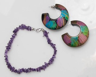 Amethyst Gemstone Bracelet And Colorful Wooden Earrings