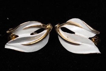 1960s Sarah Coventry White Enamel Leaf Clip On Earrings