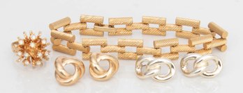 Heavy Gold Tone Bracelet With Assorted Earrings