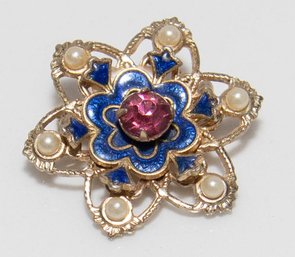 Vintage Coro Blue Enamel, Faux Pearl And Pink Rhinestone Brooch