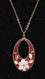 Alpaca Mexico Silver Red Enamel With Shell Inlay Pendant Necklace