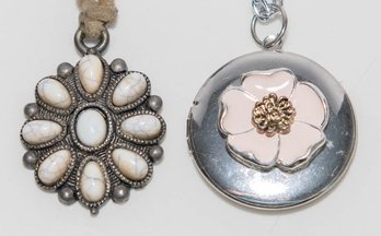 Pink Enamel In Silver Tone Locket And White Crackle Stone Flower Pendant