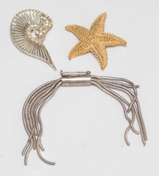 Ammonite, Starfish, And Vintage Gerry's Crab Figural Gold And Silver Tone Pins