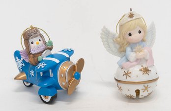 Precious Moments Angel Bell And Snowman In An Airplane Ornaments