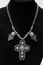 Southwestern Turquoise Style Silver Tone Cross Necklace