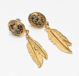 Southwest Gold Tone Feather Dangle Earrings