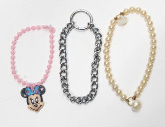 Child's Plastic Minnie Mouse, Silver Tone Chain And Faux Pearl Bracelets