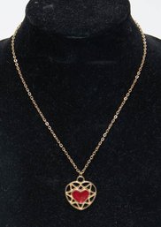 Red Heart Enamel Gold Tone Pendant Necklace