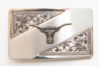 Longhorn Engraved Silver Tone Belt Buckle