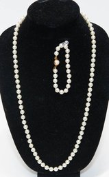 Strand Of Faux Pearls Necklace And Bracelet Set