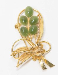 1950s Jade Floral Spray Gold Tone Brooch