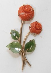 Jade And Carved Coral Roses Brooch