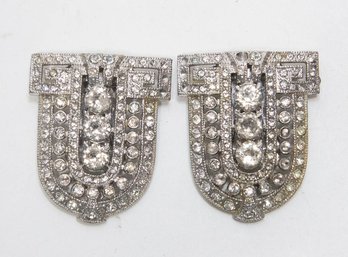 Art Deco Silver Tone Simulated Diamonds Costume Clips1'x1.5'