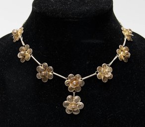 Silver Tone Filigree Drop Flower Chocker Necklace