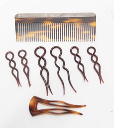 Sterling Tortoise Shell Vanity Comb And French Hair Pins
