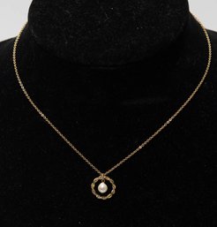 Gold Tone Pearl Circle Pendant Necklace