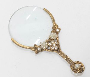 Victorian Gold Tone Faux Pearl Floral Magnifying Glass