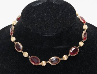 Ruby Red Glass Gold Tone Link Choker Necklace